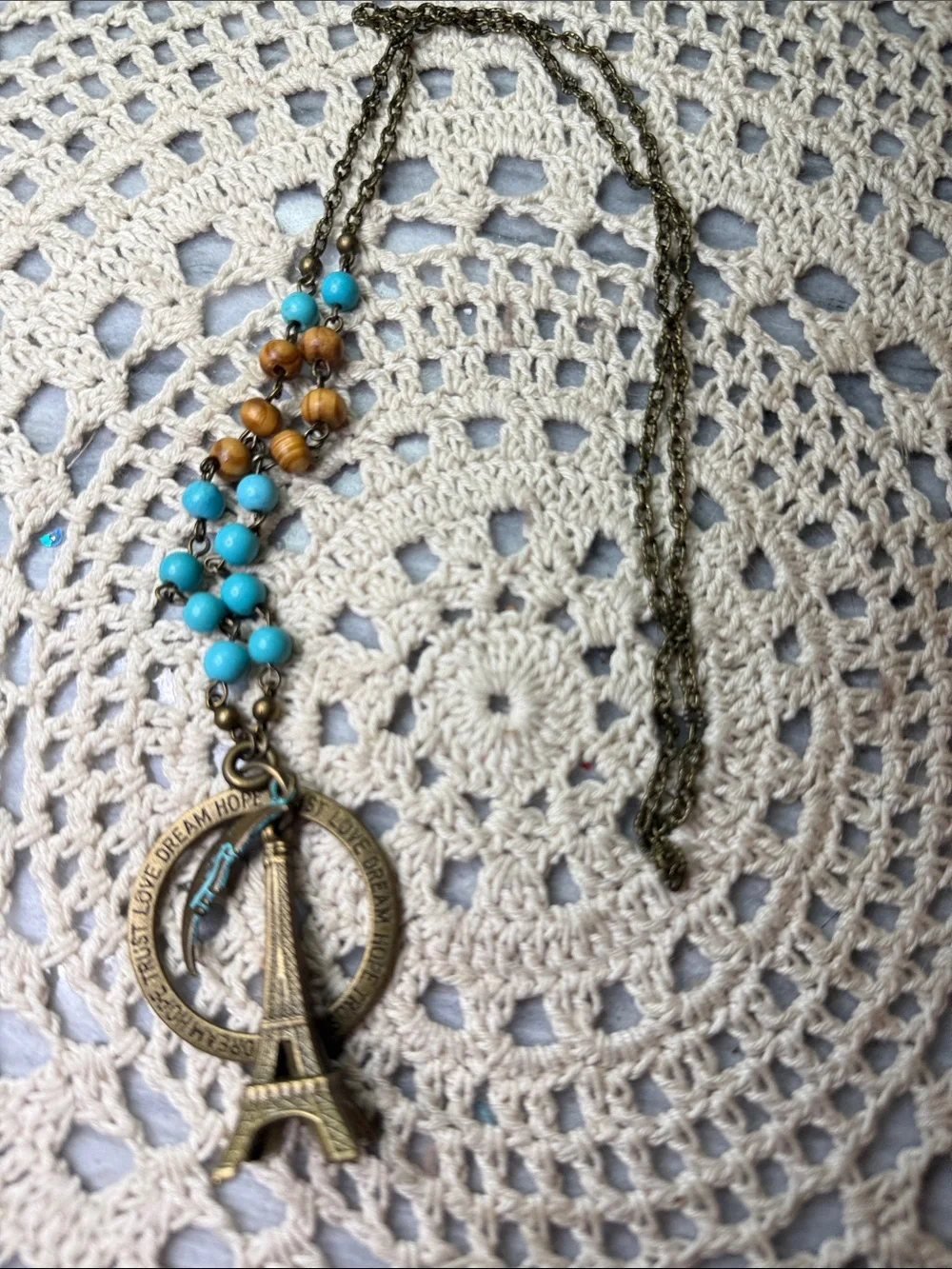 Turquoise and Wood Bead Eiffel Tower Pendant Necklace - Unbranded